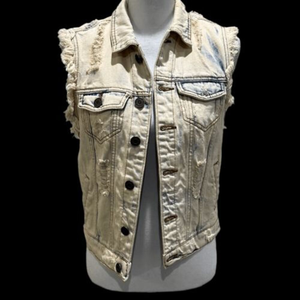 JW SIGNATURE distressed denim jean jacket sz S grunge casual‎ punk white wash